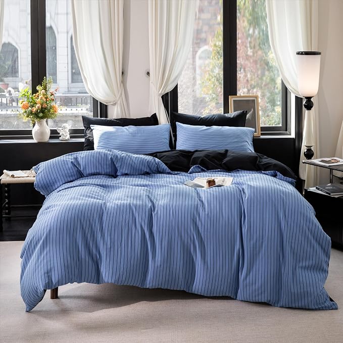 Reversible Duvet Cover Set 100% Washed Cotton Blue Stripe Linen Feel Duvet Cover Queen Size with Zipper Closure & 2 Pillow Shams, Blue/Black Stripe Reverse Solid Black