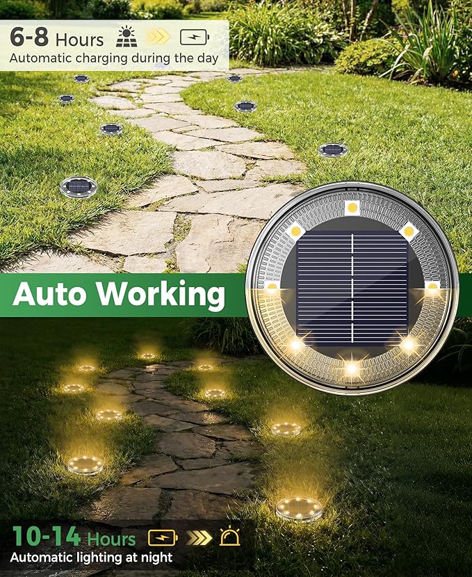 LOTMOS 10 Pack Solar Ground Lights, Solar Lights Outdoor Waterproof IP68 | 8 LED Flat Solar Disc Light, Puck Lights Solar Powered for Garden Yard Driveway Walkway Landscape Lawn Path Patio, Warm White