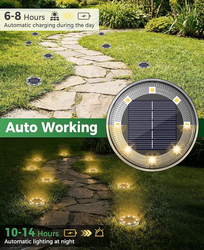 LOTMOS 30 Pack Solar Ground Lights, Solar Lights Outdoor Waterproof IP68 | 8 LED Flat Solar Disc Light, Puck Lights Solar Powered for Garden Yard Driveway Walkway Landscape Lawn Path Patio, Warm White