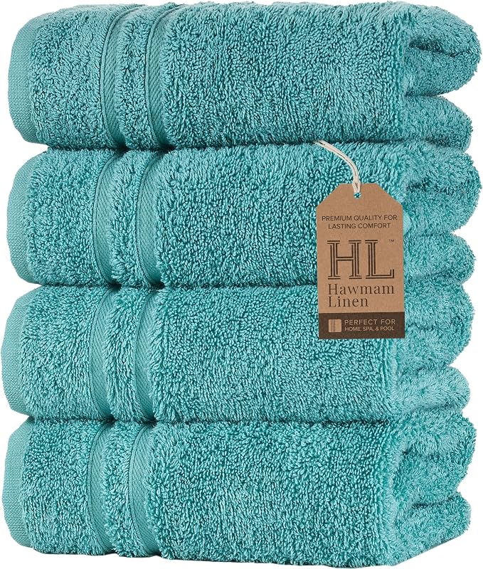 Hawmam Linen Teal Turquoise Hand Towels 4 Pack Turkish Cotton Premium Quality Soft and Absorbent Small Towels for Bathroom