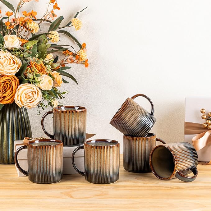 theterra Ceramic Coffee Mugs Set of 6, 14.2oz Handmade Coffee Cups with Handle for Latte, Tea, Milk, Beer, Hot Cocoa, Coca Mocha