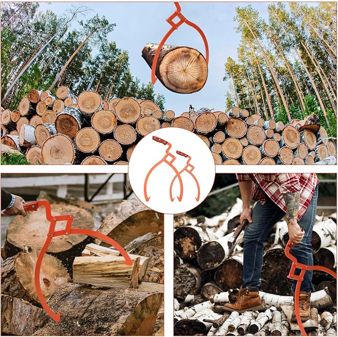Blulu 2 Pcs 20 Inch, 12 Inch 2 Claw Log Tongs Logging Skidding Tongs with Non Slip Grip Stainless Steel Hand Log Grapple Lifter Handling, Dragging, Carrying Tool for Moving Wood Trees