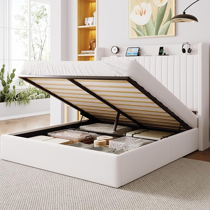 Allewie Queen Lift Up Storage Hydraulic Bed Frame,Charging Station,White | Storage Shelf Headboard with Charging Station,Type-C,USB Ports,Hydraulic Support,Velvet Upholstered,No Box Spring Needed