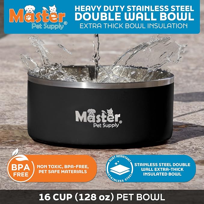 Master Pet Supply Stainless Steel Dog Bowls - 128 oz, Heavy Duty - Black Velvet, Double Wall Extra-Thick Insulated, Non-Slip Pet Water Bowl for Dogs, Cats & Pets, Anti Rust Metal, Dish Washer Safe