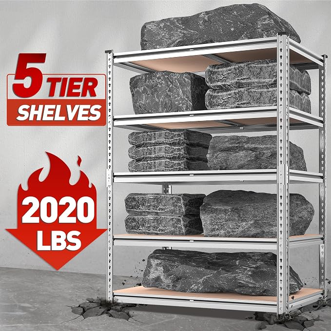REIBII 2020LBS Garage Shelving Heavy Duty 5 Tier Storage Shelves Adjustable Metal Shelving for Basement, Warehouse, Pantry, Closet, Kitchen, Easy Assembly, 72" H x 36" W x 16" D, Galvanized