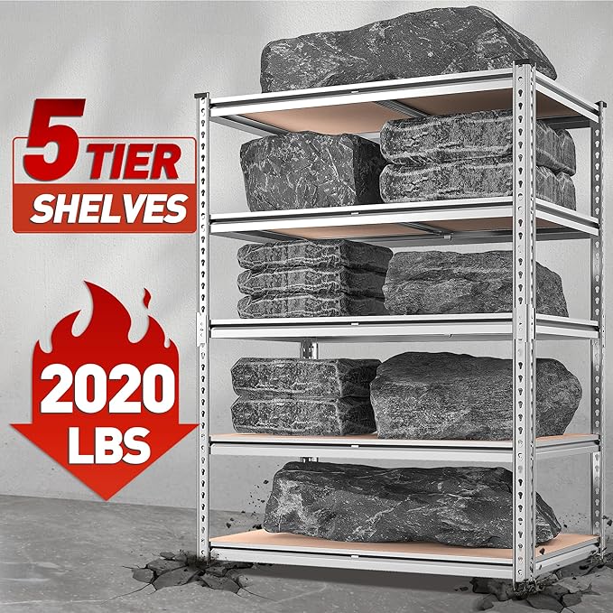 REIBII 2020LBS Garage Shelving Heavy Duty Metal Shelving 5 Tier Storage Shelves, Garage Shelves for Basement, Warehouse, Pantry, Closet, Kitchen, 72" H x 36" W x 16" D, Galvanized, 2 Pack