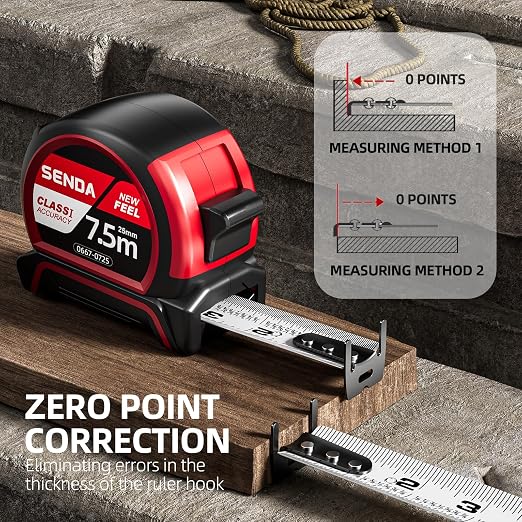 SENDA Tape Measure 25FT with 1/8 Fraction, Double-Hook Measuring Tape Retractable with 1 Inch Wide Blade & Belt Clip, ABS TPR Rubber Protection,Matte Nylon-Coated Blade for DIY, Construction (1 Pack)