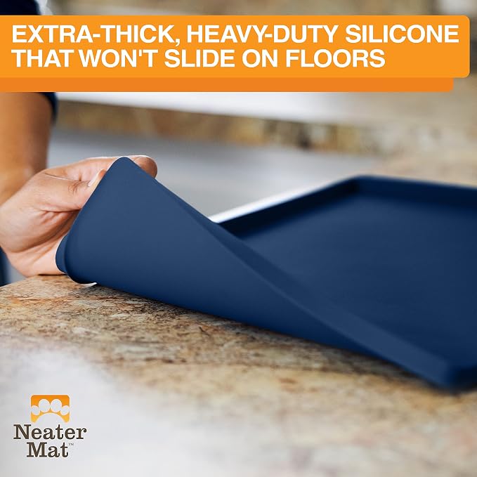 Neater Pet Brands Neater Mat Pet Mats for Food and Water, Cat & Dog Bowl Mat Waterproof Silicone, Feeding Tray, Dog Food Mats for Floors, Placemat w/Raised Edge for Under Bowls, 24" x 16", Dark Blue
