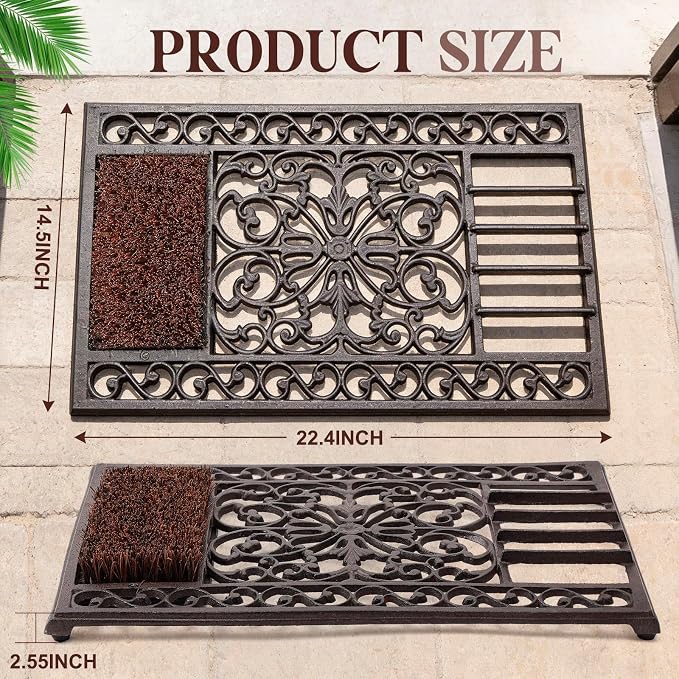 Heavy Duty Cast Iron Boot Scraper with Brush, 22.4 x 14.5 Inch Outdoor Shoe Cleaner for Mud Removal, Front Door, Porch, Patio and Garden Entrance
