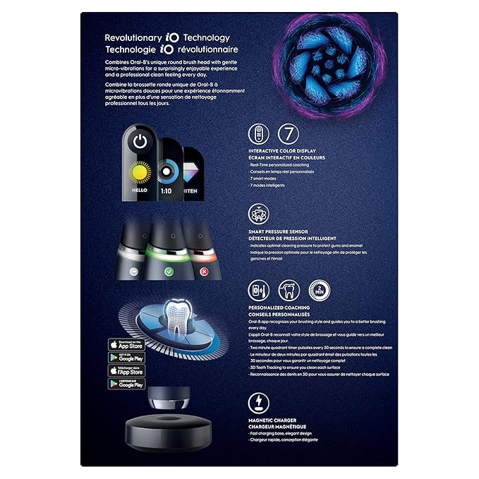 Oral-B Rechargeable Electric Toothbrush, iO Series 9 Genius, Black, 4 Replacement Brush Heads, Power Charging Travel Case, Teeth Whitening, Visible Pressure Sensor to Protect Gums, 7 Modes