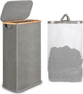 iEGrow 65L Slim Laundry Hamper, Narrow Laundry Basket with Lid,Foldable Clothes Hamper with Bamboo Handles,Hamper Basket with Removable Inner Bag for Laundry Room Bedroom College Dorm,17.17 Gals Grey