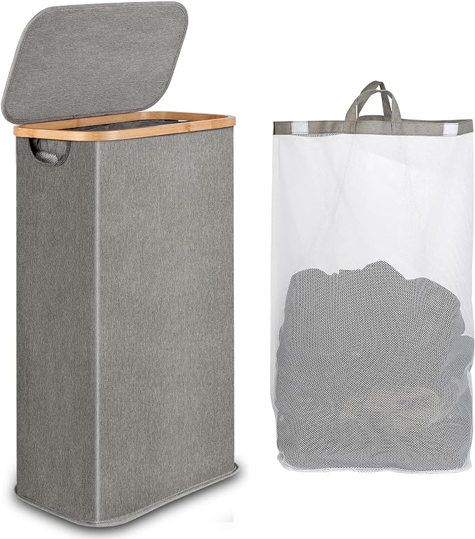 iEGrow 65L Slim Laundry Hamper, Narrow Laundry Basket with Lid,Foldable Clothes Hamper with Bamboo Handles,Hamper Basket with Removable Inner Bag for Laundry Room Bedroom College Dorm,17.17 Gals Grey