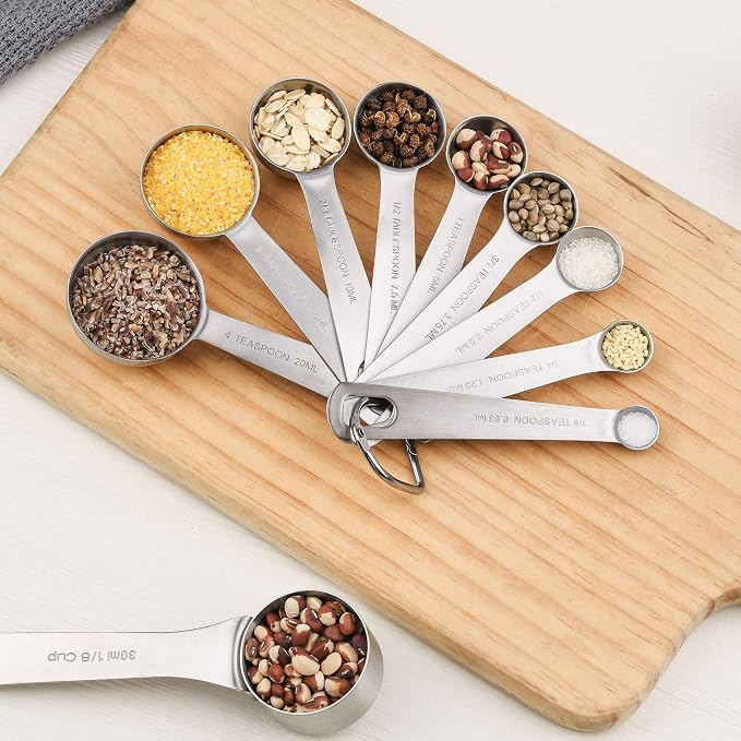 Measuring Cups and Spoons Set, 8 Stainless Steel Measuring Cups and 9 Measuring Spoons and 1 Measurer Ingredient Leveler and 1Magnetic Conversion Chart and 2 Rings