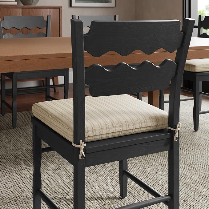 Modway Jax Vintage Inspired Oak Wood Dining Chair with Wavy Razor Back in Black Oatmeal Stripe - Armless Side Chair with Fabric Seat Cushion for Dining Room, Kitchen, Or Accent Seating