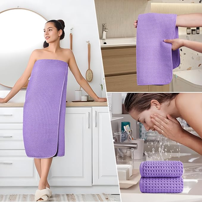 POLYTE 430 GSM Microfiber Quick Dry Lint Free Oversize Bath Towel Set, 6 Piece (Waffle Weave)