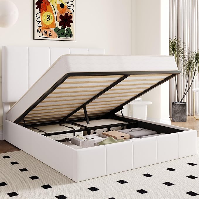 Allewie Full Size Velvet Lift Up Hydrualic Storage Bed Frame, White | Vertical Channel Tufted Headboard, Hydrualic Underneath Storage, Upholstered Platform Bed, No Box Spring Needed