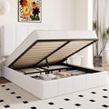 Allewie Full Size Velvet Lift Up Hydrualic Storage Bed Frame, White | Vertical Channel Tufted Headboard, Hydrualic Underneath Storage, Upholstered Platform Bed, No Box Spring Needed