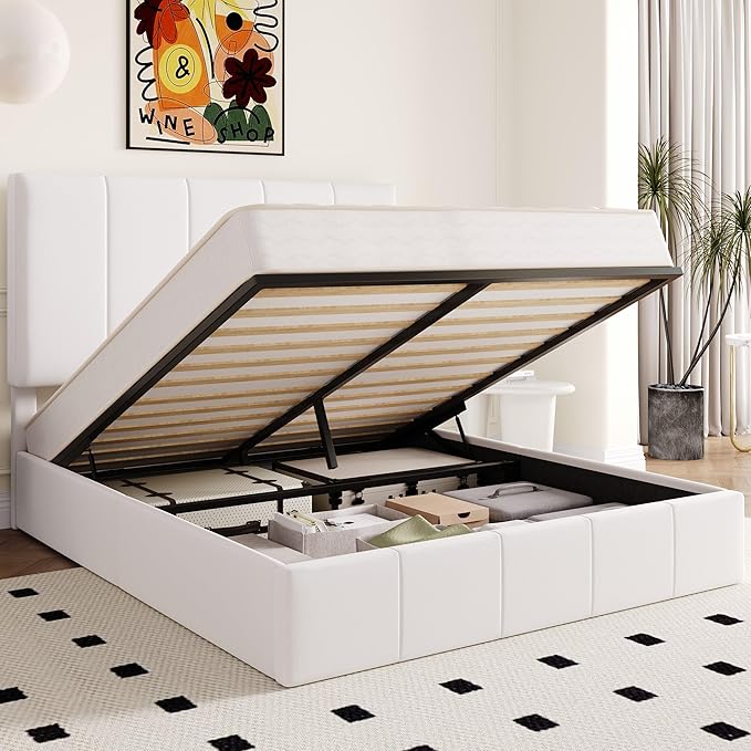 Allewie Queen Size Velvet Lift Up Hydrualic Storage Bed Frame, White | Vertical Channel Tufted Headboard, Hydrualic Underneath Storage, Upholstered Platform Bed, No Box Spring Needed