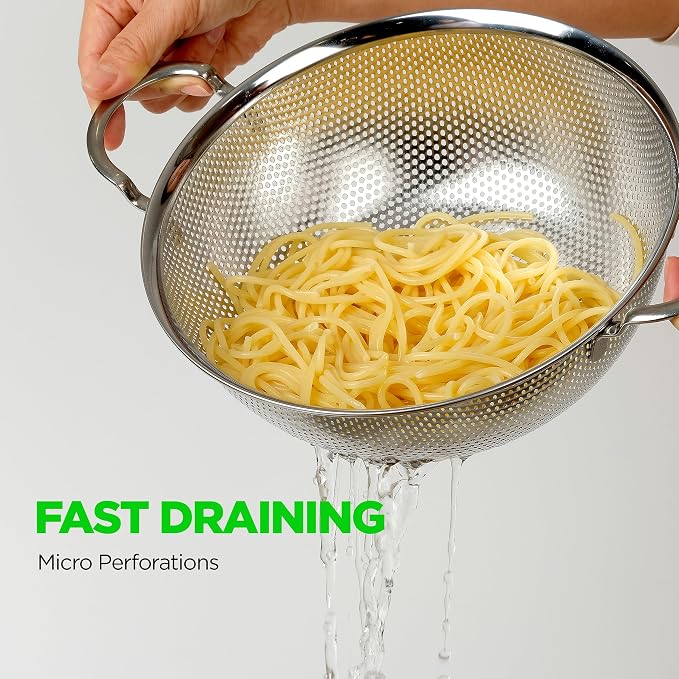 Premium 18/8 304 Stainless Steel Set of 3 – Micro-Perforated Strainers with Handles, Self-Draining Base for Pasta Vegetables Fruit, Heavy Duty (4, 6, 8 Qt) Made in Korea
