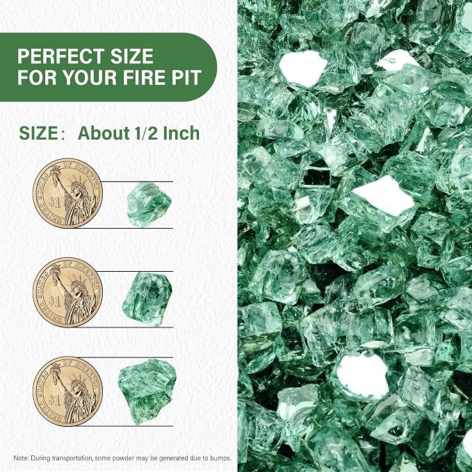 NUPICK 10 Pound Fire Glass, 1/2 Inch Reflective Fire Pit Glass | Tempered Fire Pit Rocks for Propane or Natural Gas, Glass Rocks for Fire Pit Table, Fireplace, Fire Bowl, Landscaping, Green