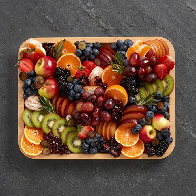 Farberware Bamboo Cutting Board with Clear Locking Lid, 11x14 Inches - Charcuterie Board with Recessed Handles, Raised Edges, Reversible Surface - Make It, Take It, Enjoy It