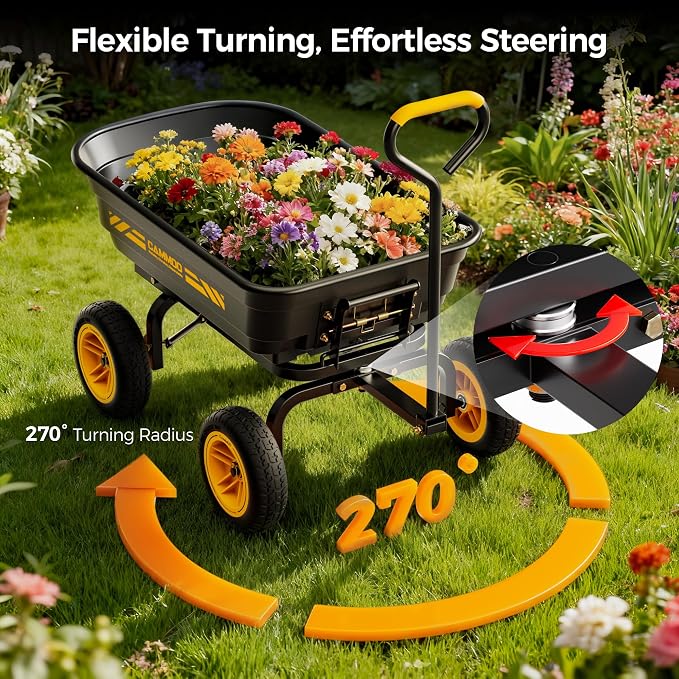 CAMMOO 10-in NO-Flat Tires 600lb Garden Dump Cart 4 Cu.Ft. Wheelbarrow | Garden Wagon Quick-Release Dumping Garden Cart Virgin Polypropylene - Not Recycled Material for Landscaping Gardening