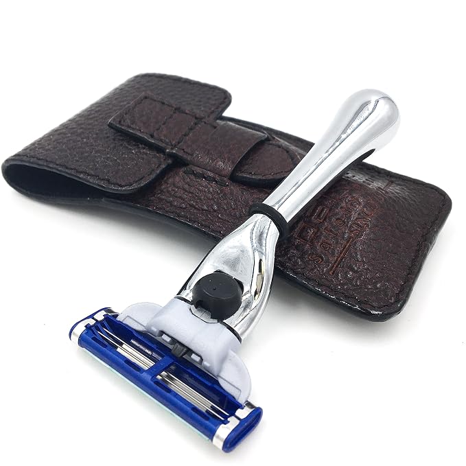 Parker Travel Razor – Compatible with Gillette® Mach3® Cartridges – Compact Chrome Brass Handle with Premium Buffalo Leather Case for Men’s Grooming & Travel