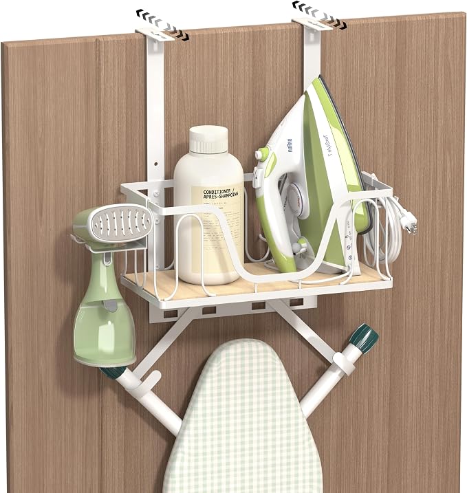 Ironing Board Hanger, CUFURNIX Wall Mount or Over the Door Iron Holder, Adjustable for Door Thickness, Fits T and Y Shaped Legs, High-Sided Basket & Side Hooks for Laundry, Sewing Room, White