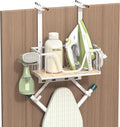 Ironing Board Hanger, CUFURNIX Wall Mount or Over the Door Iron Holder, Adjustable for Door Thickness, Fits T and Y Shaped Legs, High-Sided Basket & Side Hooks for Laundry, Sewing Room, White