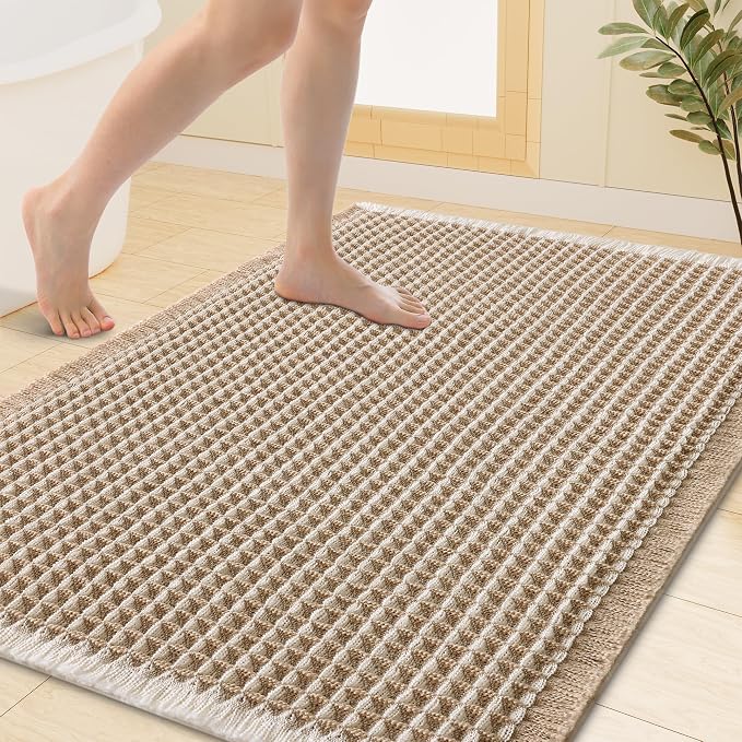 Smiry Waffle Bath Mat 40x32, Extra Soft Absorbent Bathroom Rugs, Non Slip Machine Washable Quick Dry Bath Rugs for Bathroom Floor, Tub, Shower, Home Decor Accessories, Brown & Cream