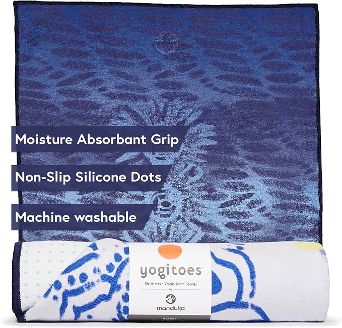 Manduka Yogitoes Hot Yoga Mat Towel - 71" | Moisture Activated Grip | Patented Silicone Nubs | Highly Absorbent, Durable & Easy Care | Made from Recycled Materials | 71 x 24 Inches | Chakra Print Blue