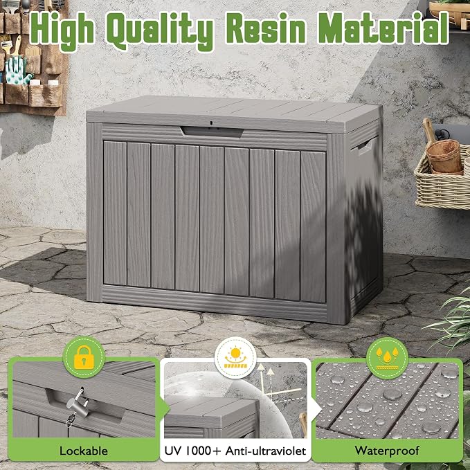55 Gallon Outdoor Storage Box, All-Weather Resin Deck Box Outdoor Waterproof with Lockable Lid for Patio Cushions, Package Deliveries, Garden Tools, Pool Supplies, Grey