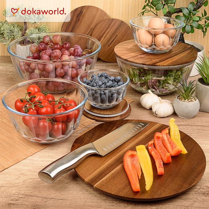 Large Stackable Set of 5 Nesting Glass Bowls with Acacia Lids for Foodprep, Storage, Baking, Sourdough Mixing & Cooking. Microwave & Oven Safe Heat Resistant Inert Borosilicate Glass