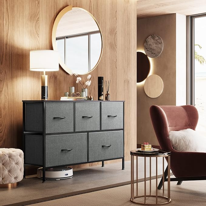 WLIVE 5 Drawer Dresser for Bedroom, Wide Chest of Drawers, Dark Grey | 5 roomy fabric drawers, Wide low-profile design, Bedroom or closet use, Sturdy steel frame, Smooth wood tabletop