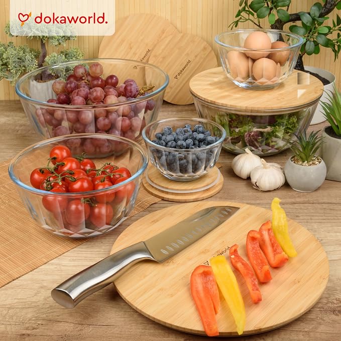 Large Stackable Set of 5 Nesting Glass Bowls with Bamboo Lids for Foodprep, Storage, Baking, Sourdough Mixing & Cooking. Microwave & Oven Safe Heat Resistant Inert Borosilicate Glass