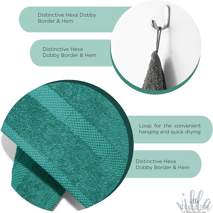 Villa Celestia Cotton Washcloths Set of 6, 12x12 Inch, 100% Ring-Spun Combed Cotton, Soft Absorbent Quick-Dry Wash Cloths for Face and Body, Oeko-TEX Certified, Hotel & Spa Quality, Teal