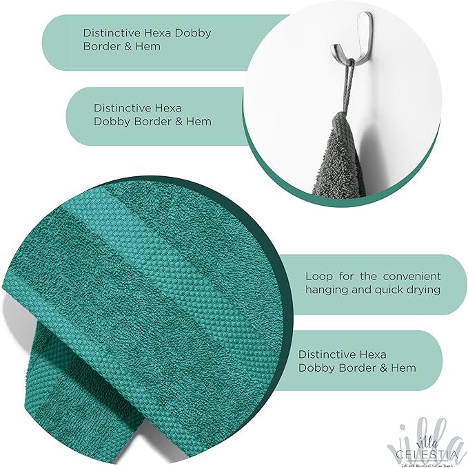 Villa Celestia Cotton Hand Towels Set of 4, 16 x 28, Oeko-TEX Certified, Quick Dry, Teal