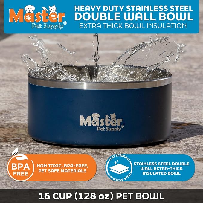Master Pet Supply Stainless Steel Dog Bowls - 128 oz, Heavy Duty - Navy Blue, Double Wall Extra-Thick Insulated, Non-Slip Pet Water Bowl for Dogs, Cats & Pets, Anti Rust Metal, Dish Washer Safe