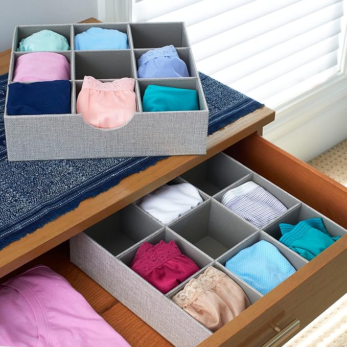 Household Essentials Drawer Organizer Tray with Fabric Cover and 9 Square Compartments, Gray, Set of 2