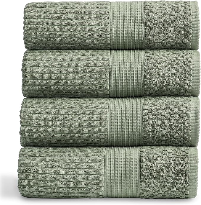 Springtree Home 100% Cotton Bath Towel Set | 4-Pack | Textured | Green | Absorbent & Quick-Dry Bathroom Towels | Textured and Durable Cotton Towels for Bathroom | OEKO-TEX | Krista Collection