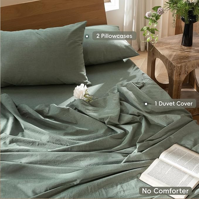MooMee Duvet Cover Set 100% Washed Cotton Linen Like King | Relaxed Linen-like Texture. Soft, Breathable & Long-lasting Comfort. Lightweight. Hidden Zipper with 8 Interior Corner Ties