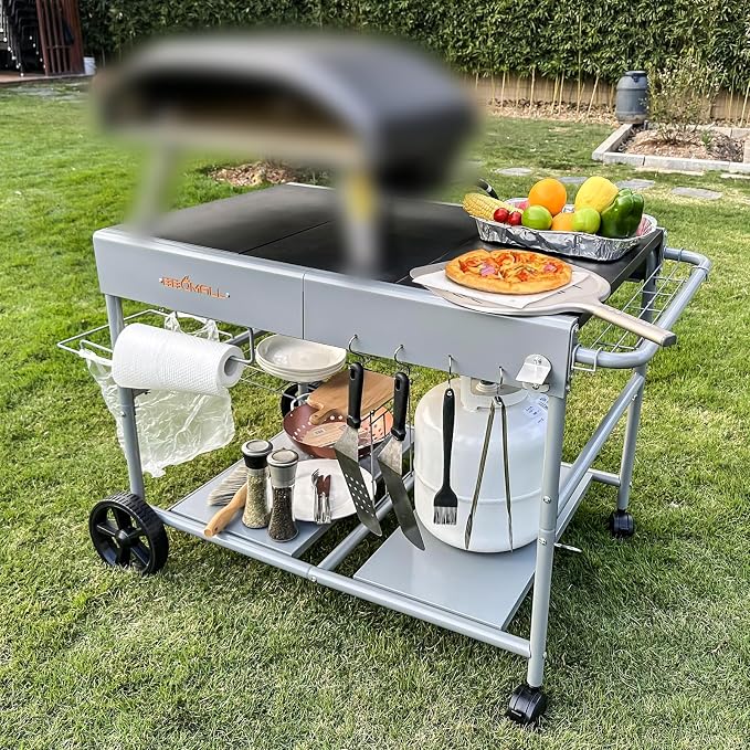 Pizza Oven Table for Ooni, Ninja and Blackstone | Thickened rolling kitchen stand with wider prep space for Koda, Karu, Fyra, griddles and BBQ tools