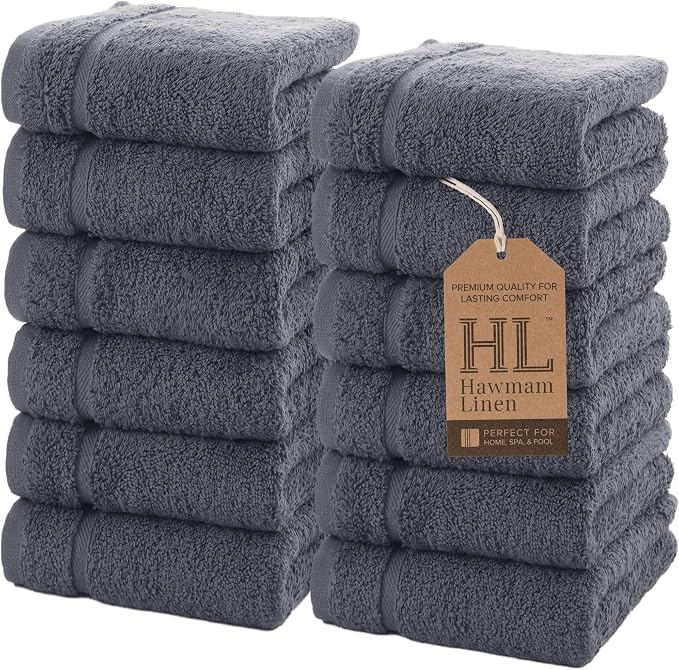 Hawmam Linen Luxury Cotton Washcloths 13x13 Inch - Large Hotel Spa Bathroom Face Towel | 12 Pack | Grey