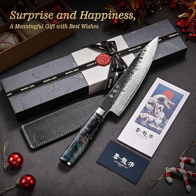 JPCK 8'' Japanese Damascus Chef Knife, Hand Forged VG10 Steel | Kurouchi Forged Finish, 67-Layer Damascus Cladding, For Professional & Home Chefs, Leather Sheath Included, Premium Gift Box