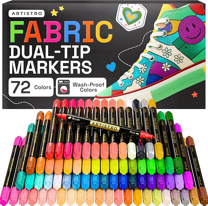 ARTISTRO 72 Dual-Tip Fabric Markers Decorating Kit, Permanent for Clothes | Brush & Fine Tip, Acrylic Paint Pens for Sneakers, Bags, Shoes, Textiles, Canvas, Sewing, Craft, & DIY