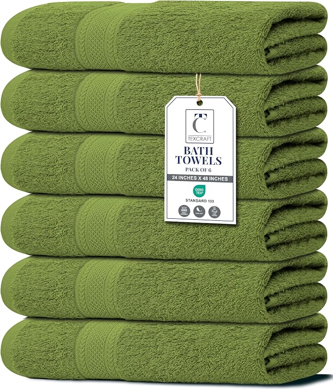 Large Bath Towels Set of 6 – 100% Cotton Terry – 24" x 50" – Quick Dry, Soft & Highly Absorbent – Forest Green Towels for Bathroom, Gym, Spa, Pool & Daily Use