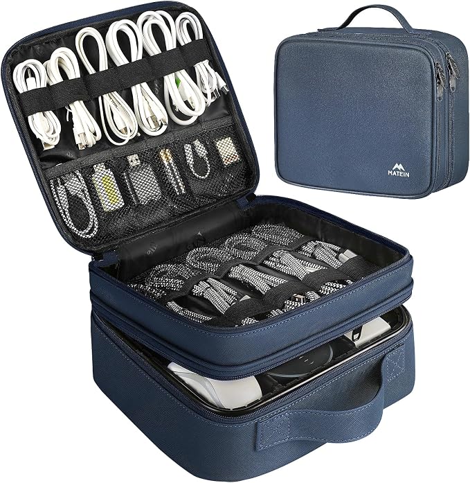 MATEIN Cord Organizer Case with Adjustable Divider, DJ Cable File Bag for Electronic Storage, USB Cable, Charger, Tech Accessories, Shockproof Portable Double Layer Cord Bags, Blue