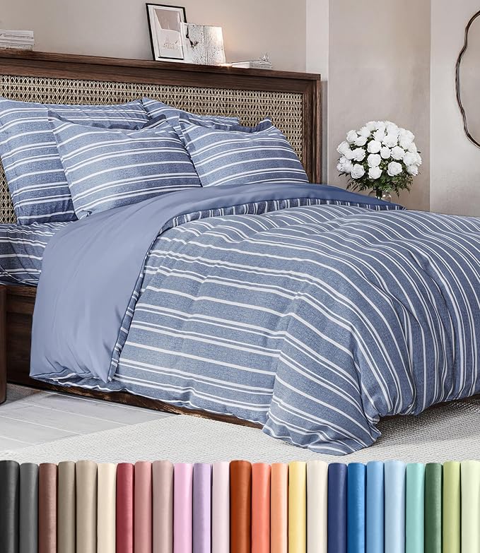 Duvet Cover Queen Size Set - Extra Soft Queen Duvet Cover 90" x 90" with 2 Pillow Shams for Women, Men, Kids & Teens - Hotel Luxury w/ Zipper Closures & Ties - Comfy, Cozy & Breathable (Blue Stripes)