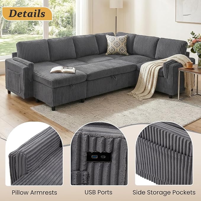 L Shaped Sectional Sleeper Sofa with Pull Out Bed, Dark Grey | 7 Seat Modular Design, Hidden Storage Space, Soft Corduroy Fabric, USB Charging, Cup Holders, Removable Covers, Easy Assembly