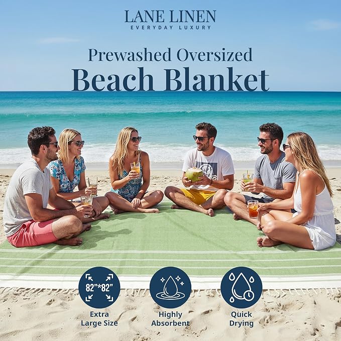 LANE LINEN Beach Blanket Sand Free, Turkish & Large Beach Towel - Jadelime | Sand Free Beach Blanket, 82"x82" - Great For Vacations, Parks & Concerts - Sand Slides Right Off - Roomy Family Size